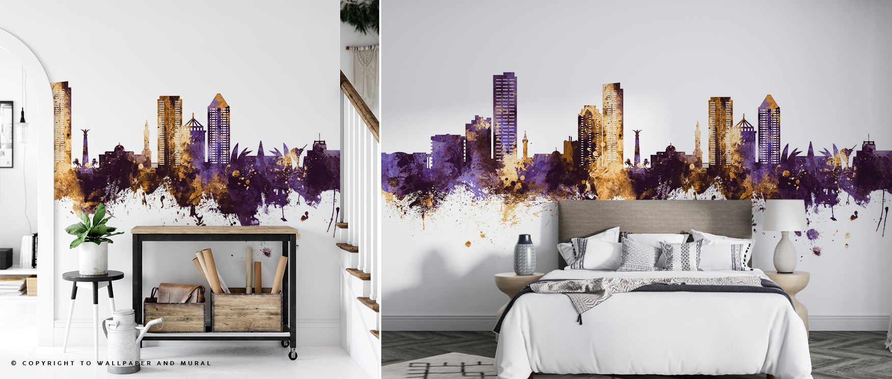 The Umm Al Quwain Skyline Purple Gold Wallpaper radiates refinement as towers shimmer in golden rhythm across purple tones. Each line enriches atmosphere with artistry, creating walls filled with brilliance. Interiors glow with metropolitan charm, offerin