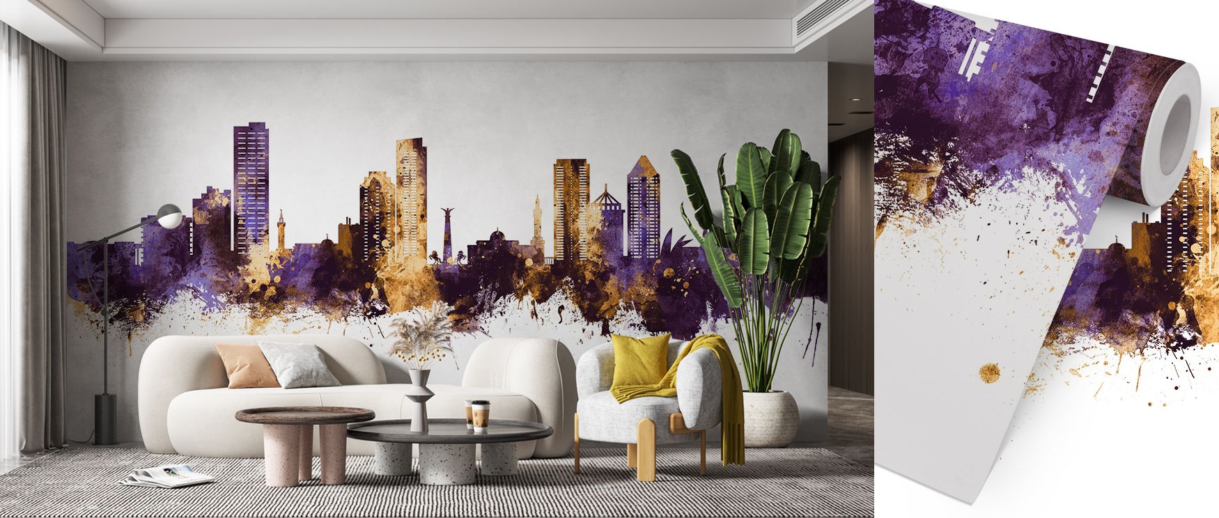 Umm Al Quwain Skyline Purple Gold Wallpaper flows with brilliance as golden silhouettes rise across softened purple horizons. Each detail enriches atmosphere with refinement, turning walls into cultivated landscapes. Interiors glow with artistry, offering