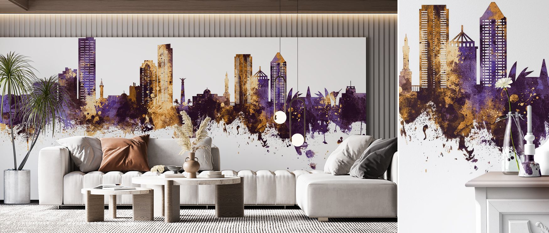 With Umm Al Quwain Skyline Purple Gold Wallpaper, golden structures expand gracefully across purple backdrops. Each motif enriches atmosphere with artistry, making interiors glow with brilliance. Bedrooms or offices transform into spaces enriched with met