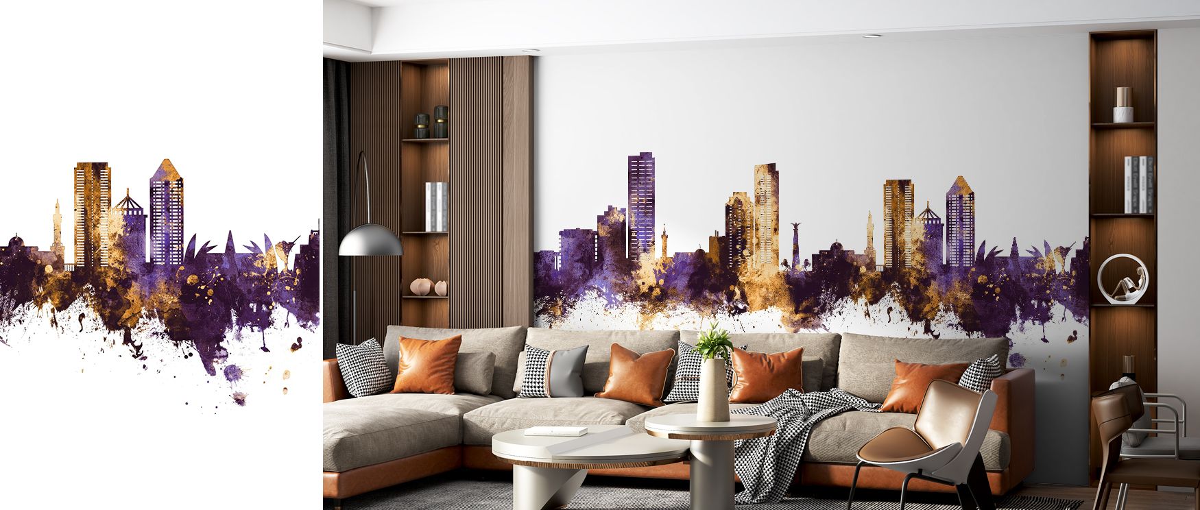 Umm Al Quwain Skyline Purple Gold Wallpaper reveals elegance as golden silhouettes shimmer across deep purple surfaces. Each detail enriches atmosphere with artistry, creating decorative brilliance. Interiors glow with refinement, offering bedrooms or lou