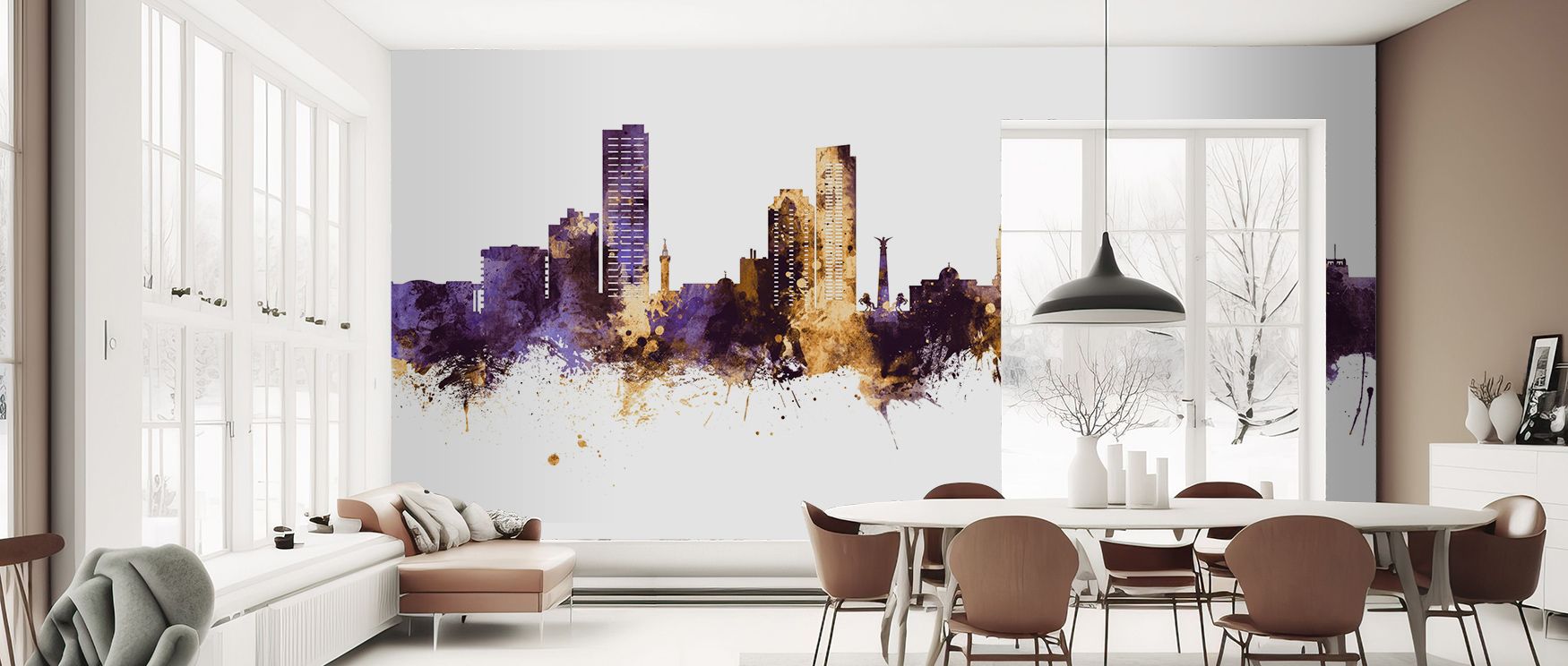 The Umm Al Quwain Skyline Purple Gold Wallpaper radiates luxury through golden towers glowing against purple skies. Each motif enriches atmosphere with artistry, making walls glow with brilliance. Interiors glow with metropolitan refinement, turning bedro