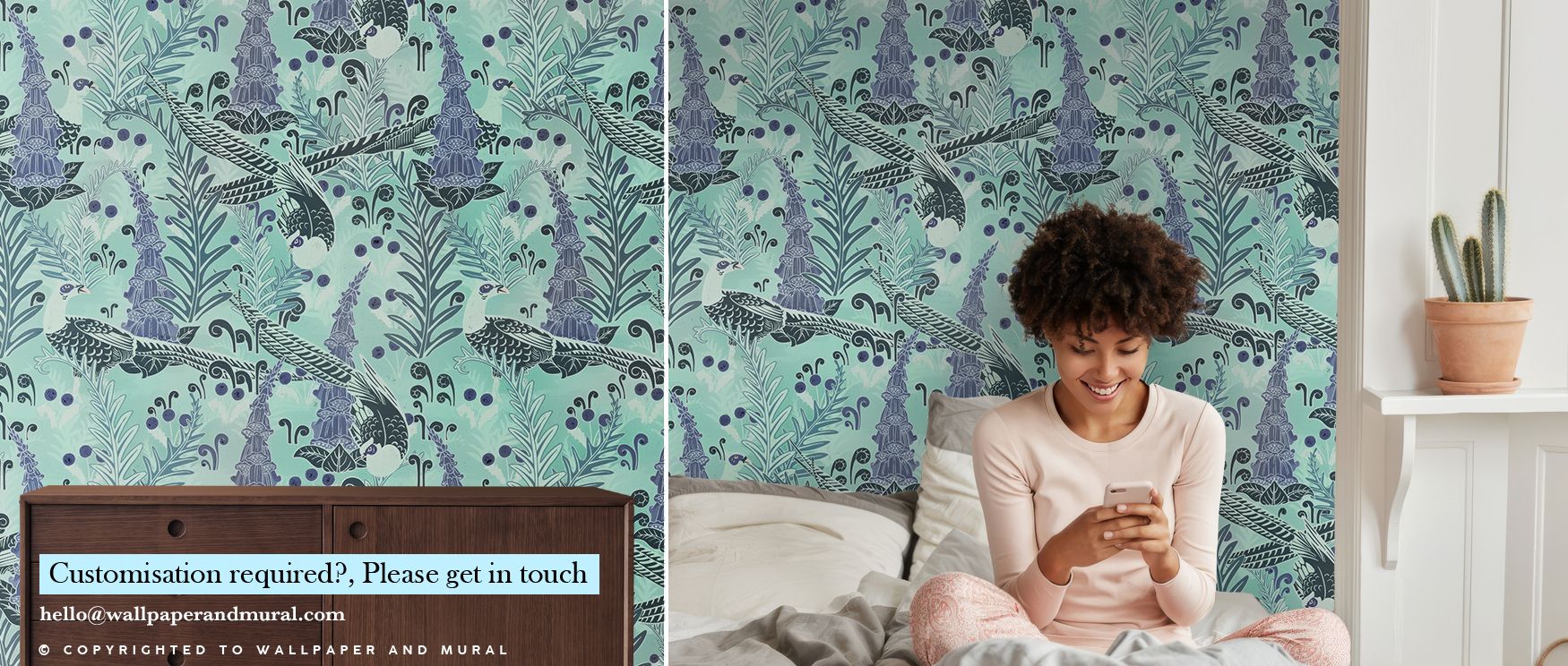The design of Underwater Peacocks Wallpaper reflects whimsical artistry, peacock forms producing rhythm that enriches bedrooms or offices with atmosphere of imaginative refinement, decorative charm, and timeless elegance. 