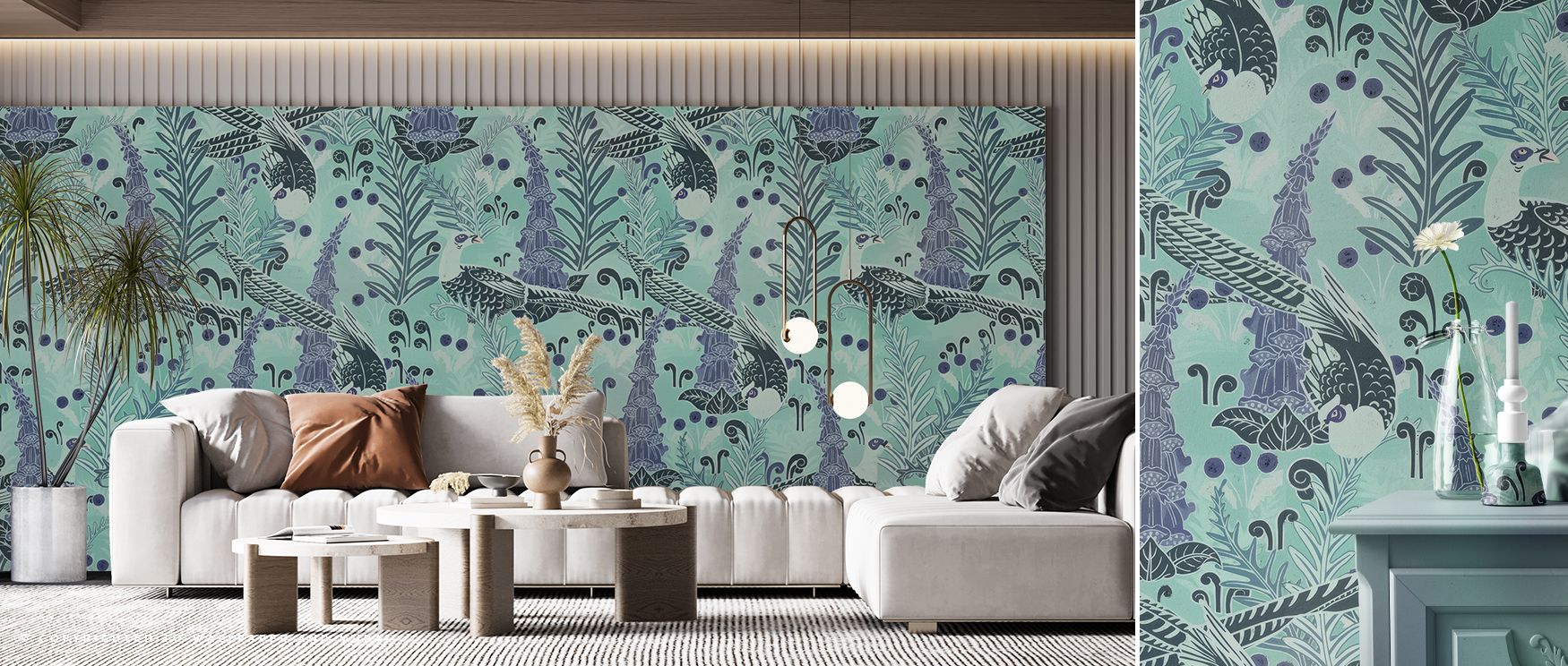 Underwater Peacocks Wallpaper conveys imaginative elegance as peacocks appear in rhythmic tone, enriching bedrooms or living rooms with atmosphere of decorative refinement, whimsical artistry, and playful charm that feels vibrant. 