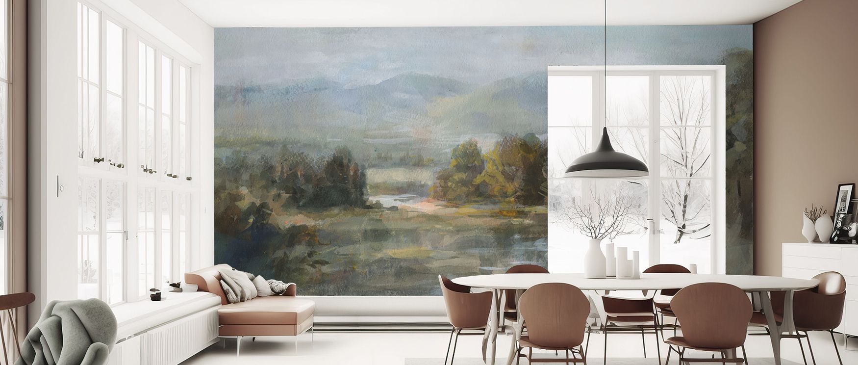 Valley River Scenic Nature Wallpaper captures balance as rivers stretch gracefully through softened tones. Each motif enriches atmosphere with artistry, making interiors glow with refinement. Bedrooms or lounges glow with cultivated decorative charm fille