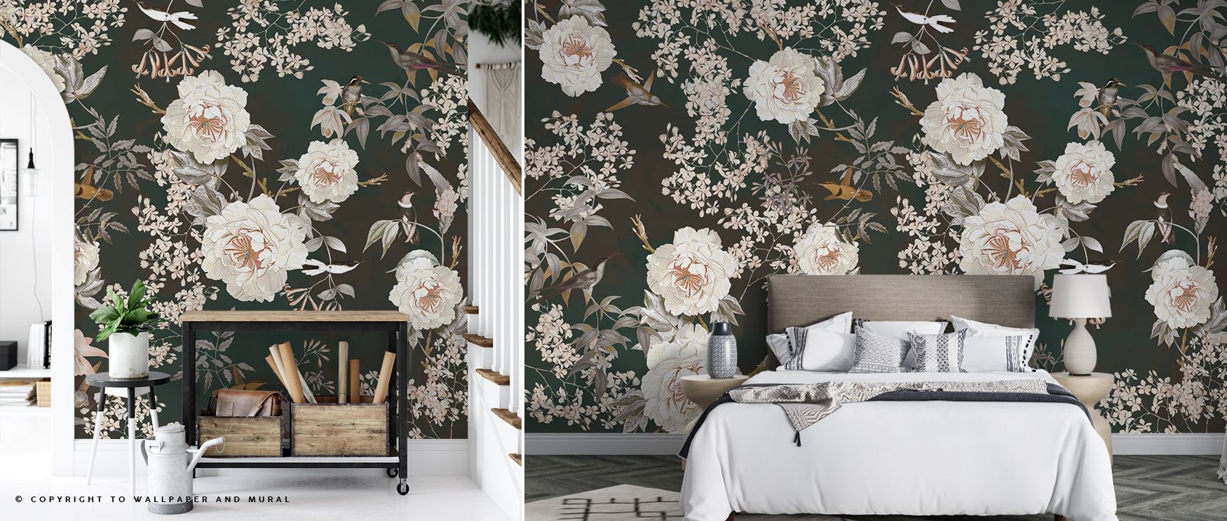 The Vintage Flowers Dark Green Botanical Wallpaper radiates elegance as blossoms expand gracefully across softened tones. Each motif enriches atmosphere with artistry, creating walls alive with brilliance. Interiors glow with refinement, offering offices 