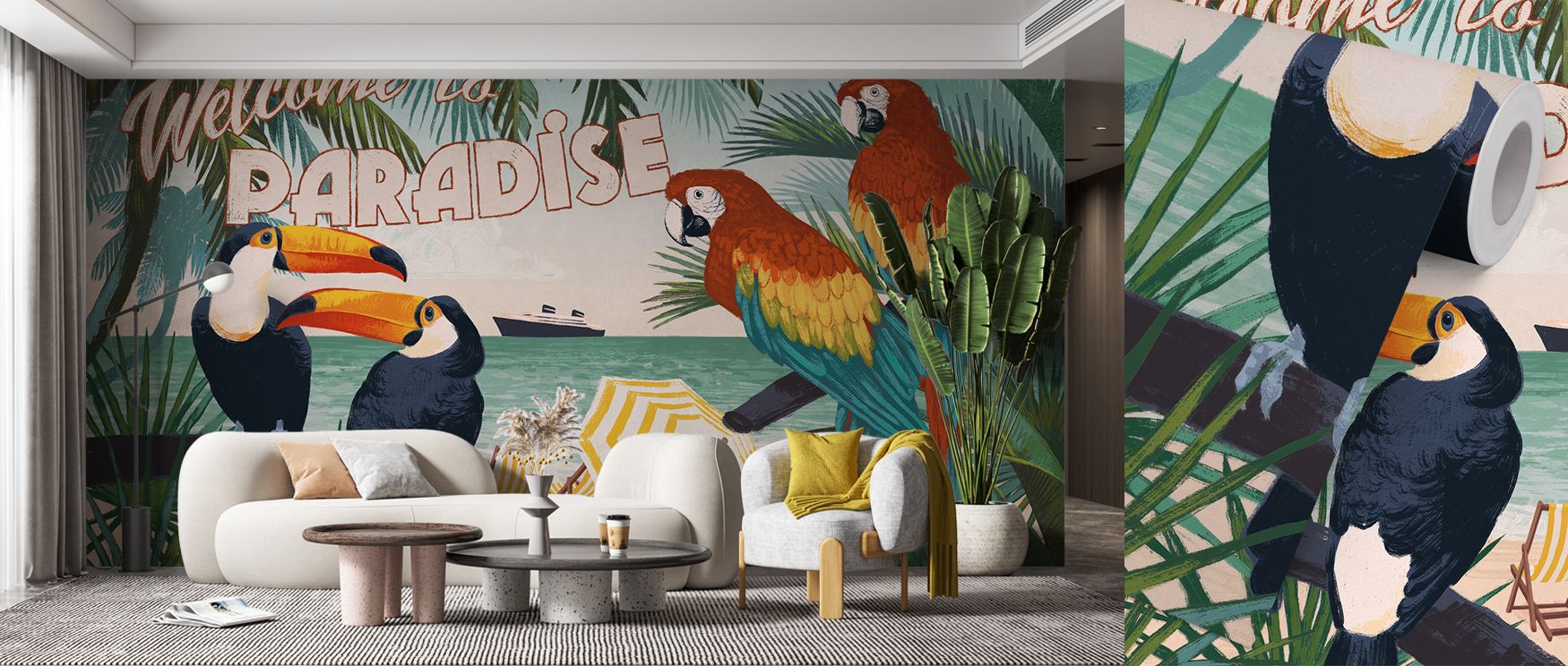 In Welcome to Paradise Wallpaper, visual layers stretch elegantly across the pattern, blending golden glow with cool botanical depth. Each section maintains a seamless flow, producing a balanced design that is both energetic and calming. Its tropical narr