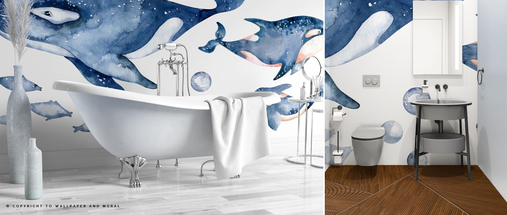 Seen in detail, Whale Song Wallpaper carries an expansive calm where playful tones merge with aquatic strength. The design conveys vitality while remaining refined, producing atmosphere that enriches interiors with whimsy and charm. 