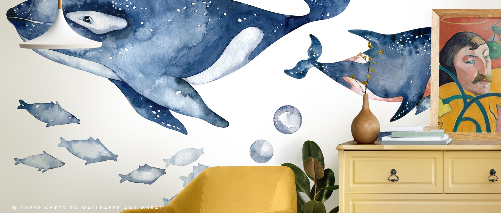 In Whale Song Wallpaper, aquatic figures glide harmoniously, surrounded by subtle brightness that echoes water. The impression carries balance, ensuring the design becomes enduring in its lively yet elegant presence. 