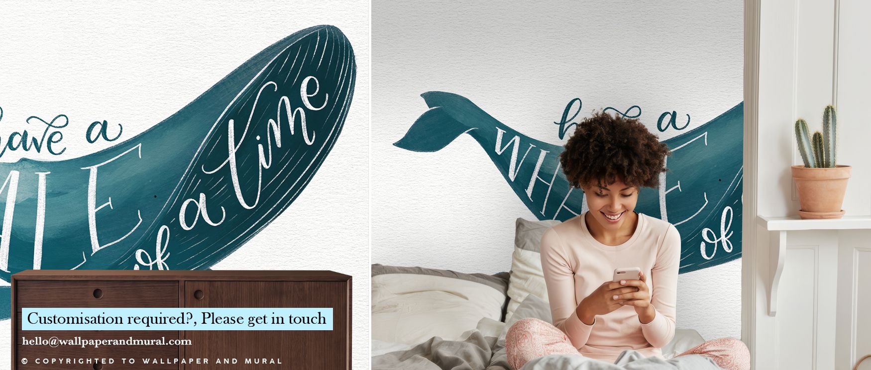 Across Whale of A Time Wallpaper, whales appear in flowing formations that capture the rhythm of waves, creating a space where lighthearted artistry meets calm, making bedrooms or offices feel touched by whimsy while still holding balance and harmony in t