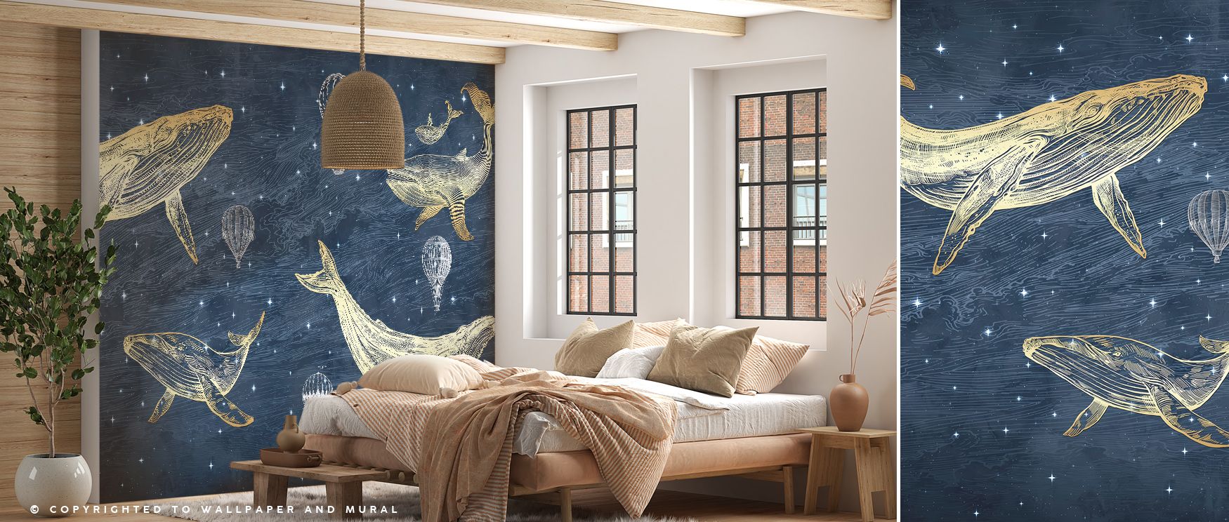 Whales in The Sky with Balloons, Midnight Wallpaper evokes mystery as balloons ascend while whales glide softly through twilight skies, producing a visual rhythm that adds wonder to living rooms or bedrooms, creating spaces touched by both serenity and st