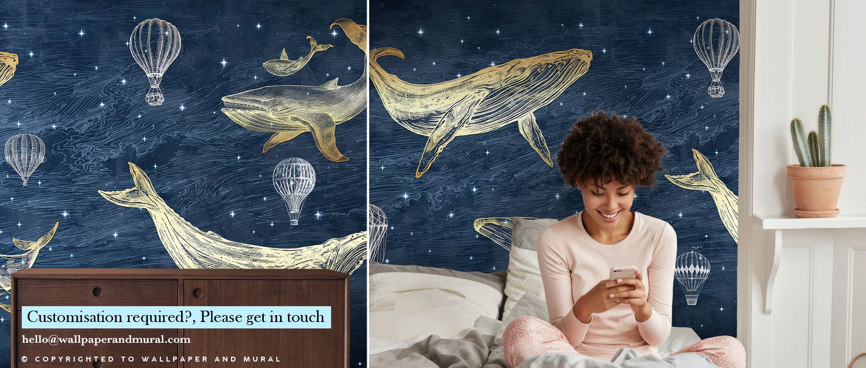 Whales in The Sky with Balloons, Midnight Wallpaper transforms walls into celestial narratives where ocean creatures soar alongside balloons, blending fantasy and harmony that fills bedrooms or living rooms with imaginative depth and atmosphere of enchant