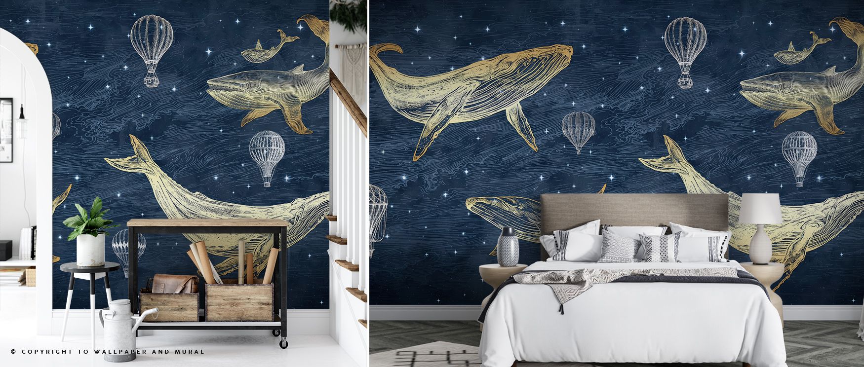In Whales in The Sky with Balloons, Midnight Wallpaper, soaring whales and balloons form a surreal design that drifts gracefully across interiors, adding visual intrigue that elevates bedrooms or offices with imaginative elegance and a mood filled with ce