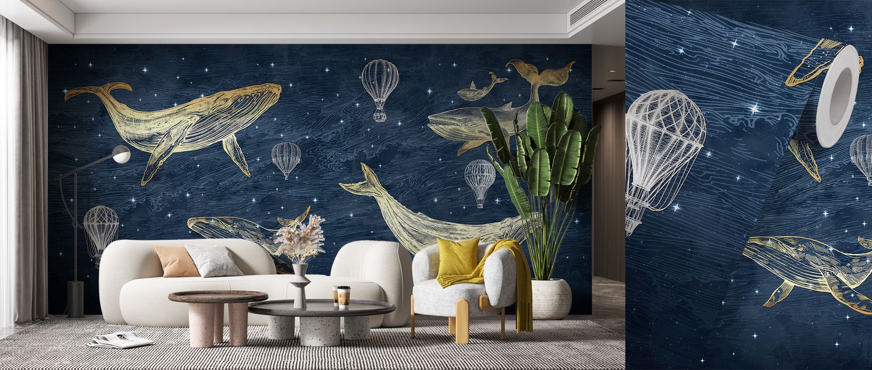 Whales in The Sky with Balloons, Midnight Wallpaper paints an enchanting scene where majestic whales rise across dark skies beside balloons, creating balance between vastness and delicacy, inspiring a sense of magic that enriches bedrooms or living rooms 