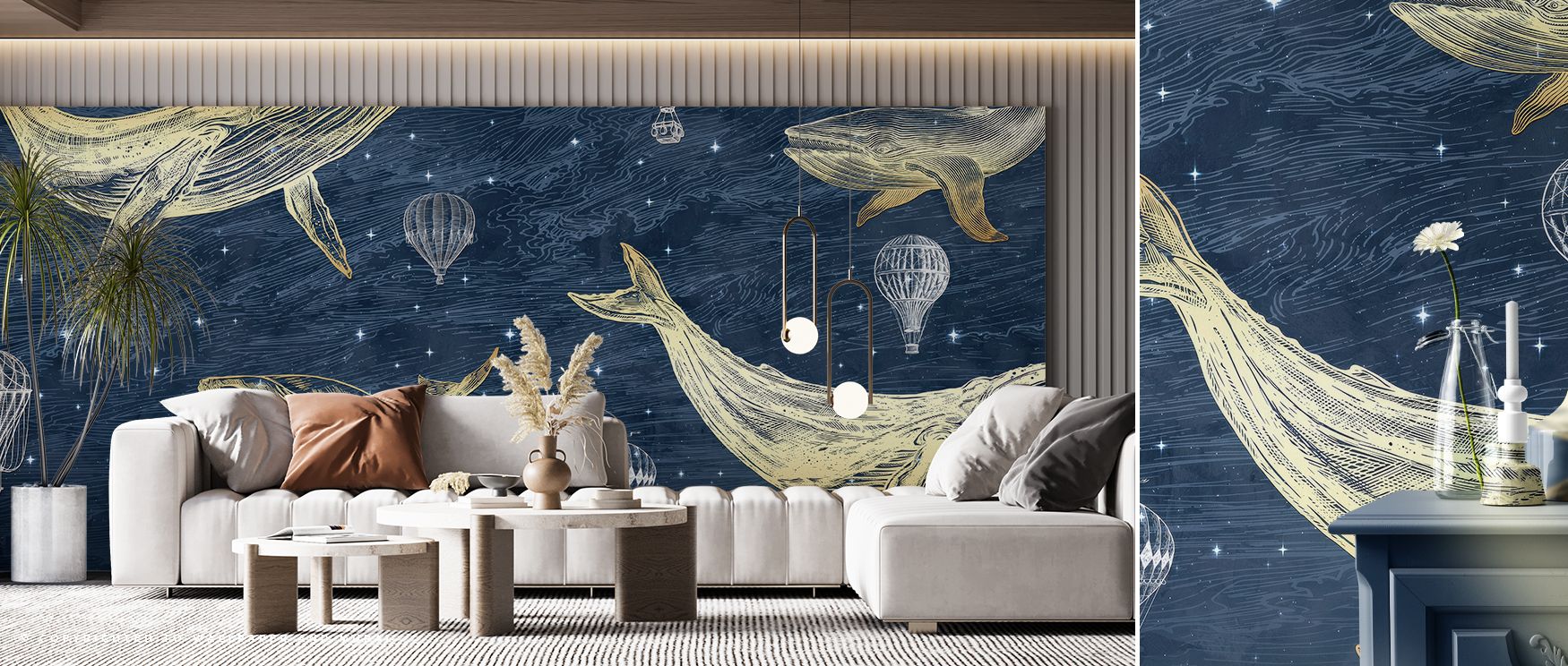 With its surreal imagery, Whales in The Sky with Balloons, Midnight Wallpaper captures grandeur in floating whales and balloons that bring both mystery and calm, enhancing bedrooms or living rooms with design that merges fantasy and artistic depth into ca