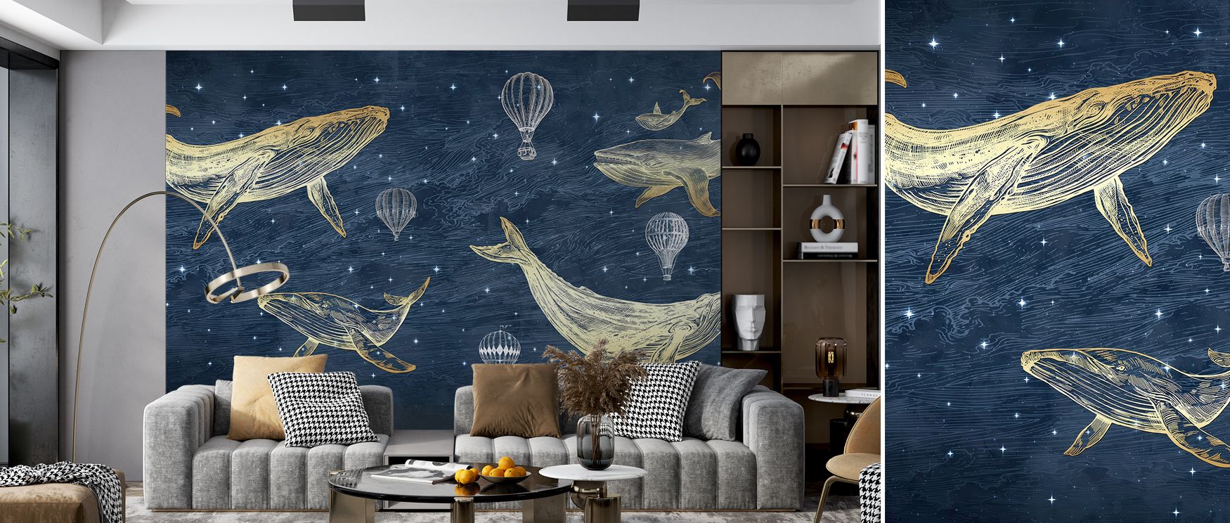 Whales in The Sky with Balloons, Midnight Wallpaper sets an atmosphere of poetic elegance, merging marine life and celestial motifs into surreal imagery that enriches bedrooms or living rooms with design full of calmness, fantasy, and decorative allure. 
