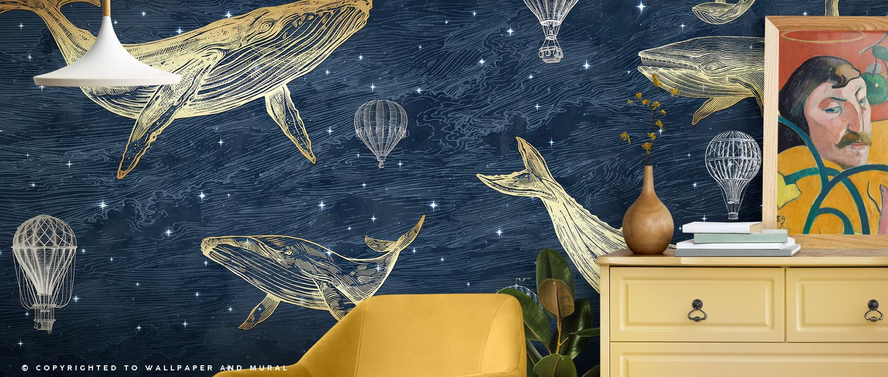 Whales in The Sky with Balloons, Midnight Wallpaper carries celestial wonder across its design, as whales drift among balloons that glow gently against dark skies, creating dreamlike rhythm that inspires reflection while transforming bedrooms or offices w
