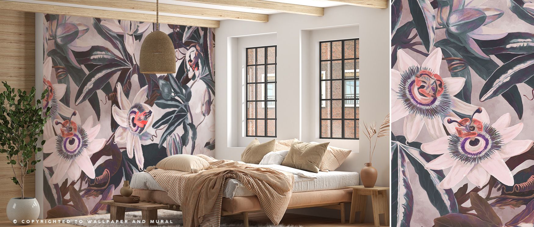 White Passiflora Reddish Purple Wallpaper carries natural beauty across walls with lush floral motifs, their detail and color blending harmony into interiors, enriching bedrooms or living rooms with atmosphere that feels timeless and artistically expressi