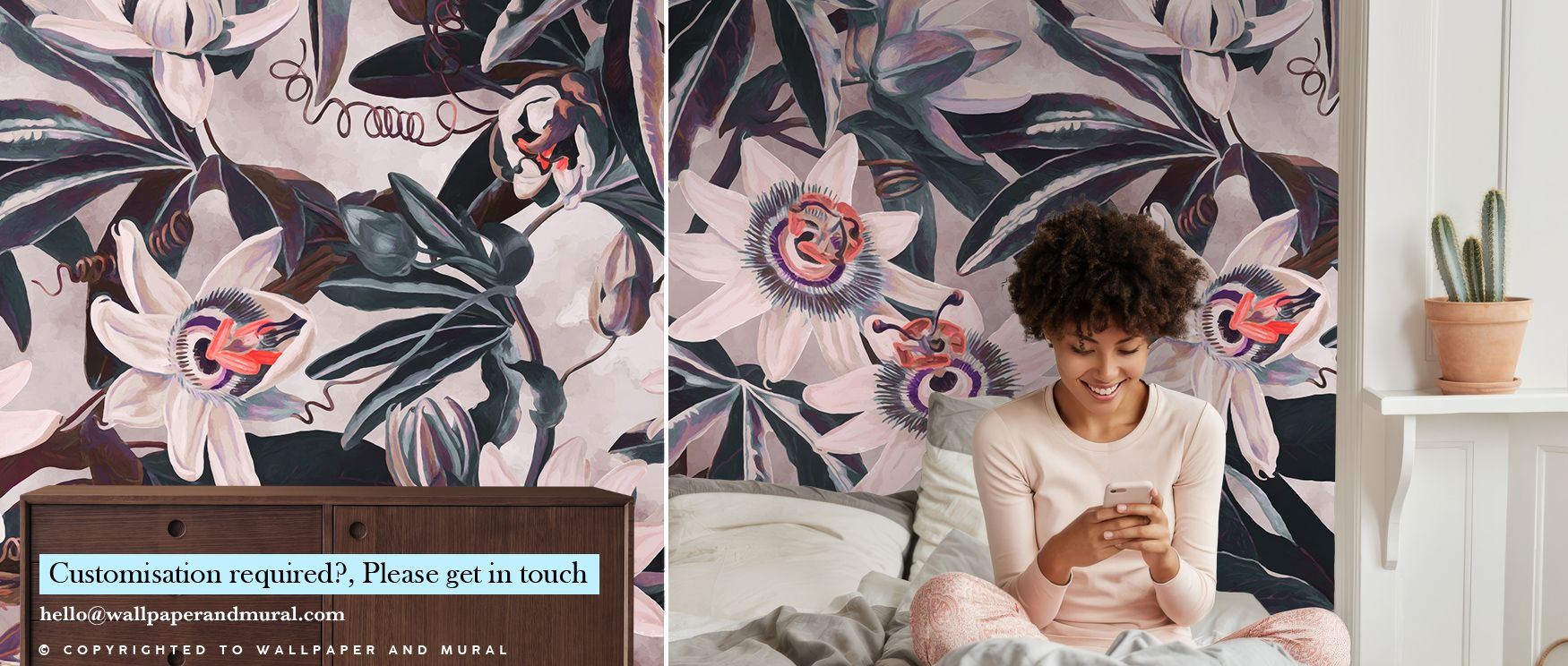 In White Passiflora Reddish Purple Wallpaper, blossoms emerge with flowing elegance, their petals forming visual rhythm that adds decorative presence, uplifting bedrooms or offices with atmosphere filled with natural vibrancy and refined calmness. 