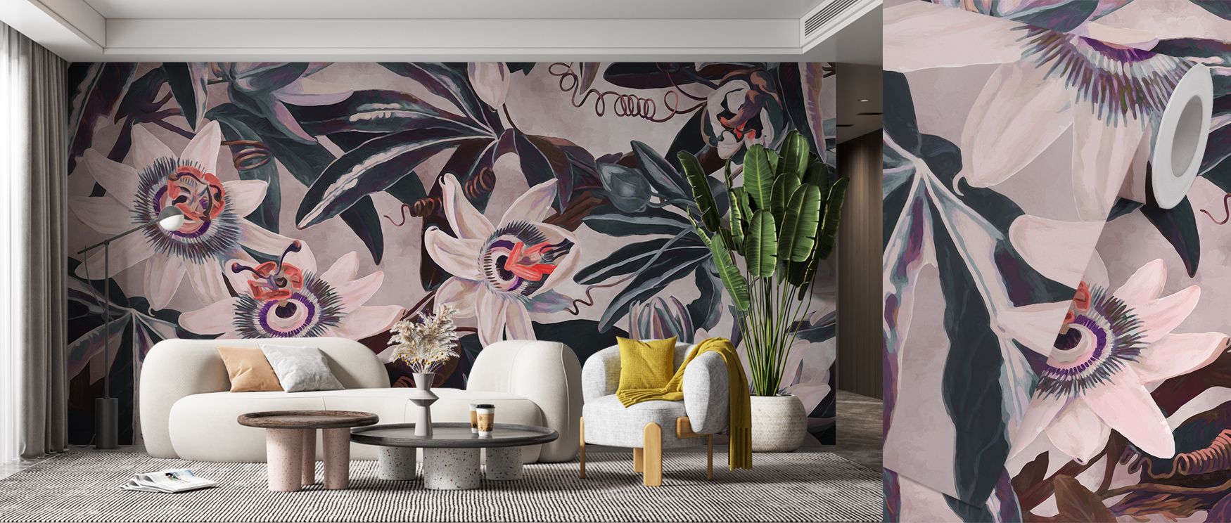 White Passiflora Reddish Purple Wallpaper blends soft highlights with floral richness, offering design that transforms interiors into artistic gardens, enhancing bedrooms or living rooms with inviting presence and atmosphere of botanical charm. 