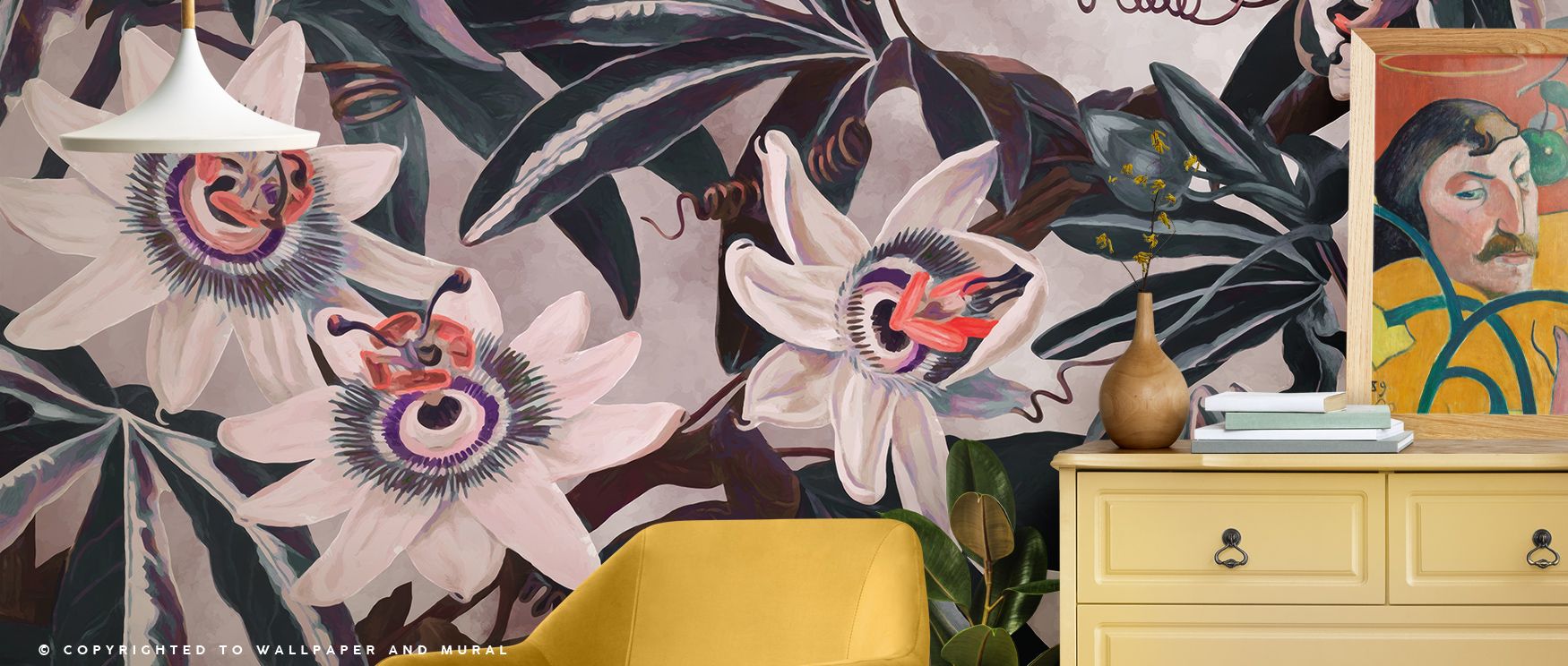 White Passiflora Reddish Purple Wallpaper produces atmosphere of floral vitality, blossoms scattered across its design offering refined presence that fills bedrooms or living rooms with natural artistry, providing walls with calm energy and decorative rhy