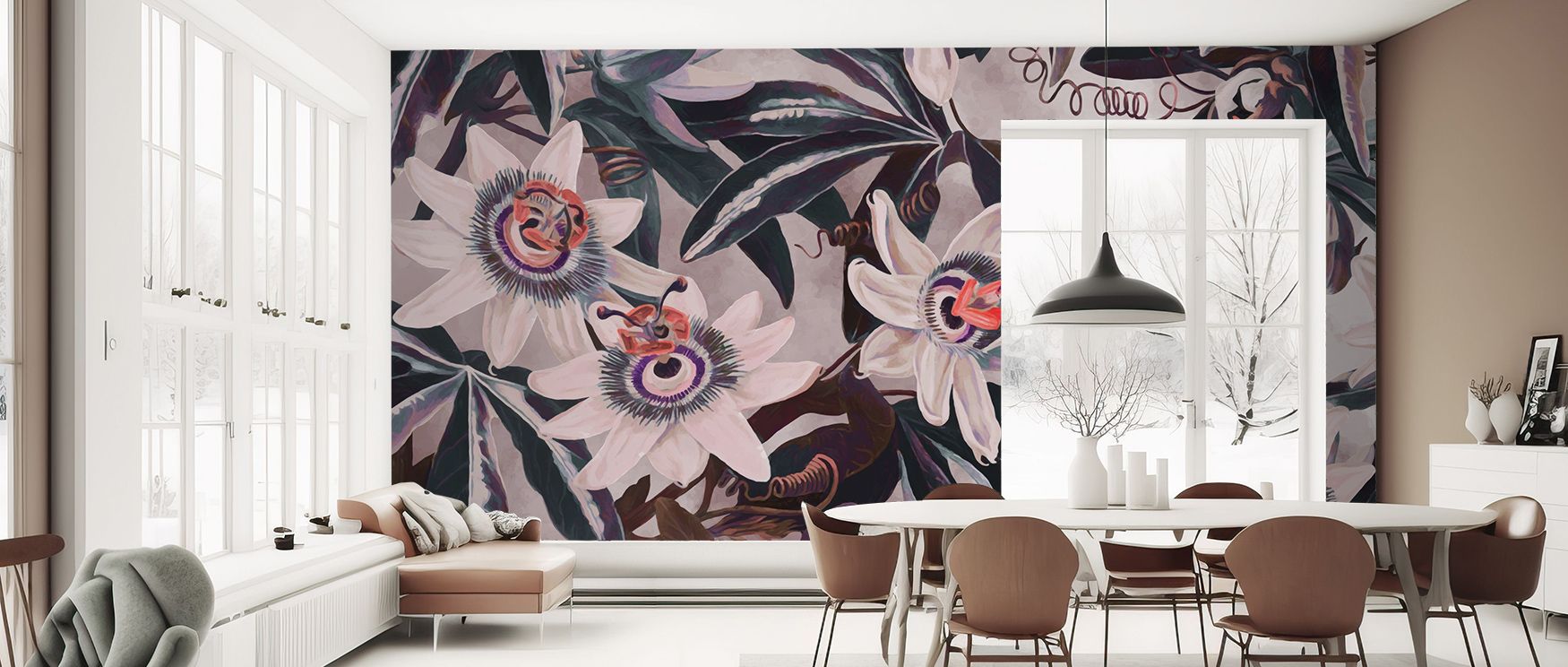White Passiflora Reddish Purple Wallpaper presents blossoms alive with elegance, their purple tones vivid against light, creating visual presence that enhances bedrooms or living rooms with botanical artistry and mood filled with decorative balance. 