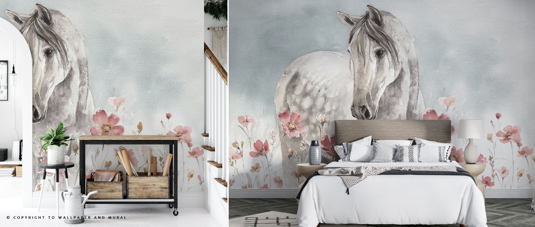 Wild Horses I Wallpaper paints a decorative landscape where horses move fluidly across pale tones, their rhythm producing vitality that enhances bedrooms or living rooms with artistic presence, offering interiors both elegance and natural inspiration. 