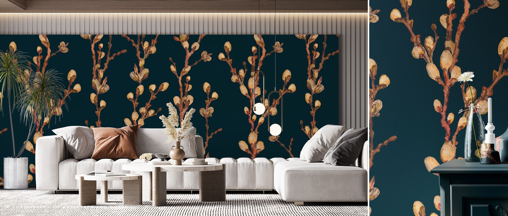 Willow Willow Wallpaper paints flowing elegance as willow motifs emerge with subtle grace, creating atmosphere that enriches bedrooms or living rooms with decorative calmness, carrying balance between freshness and sophistication. 