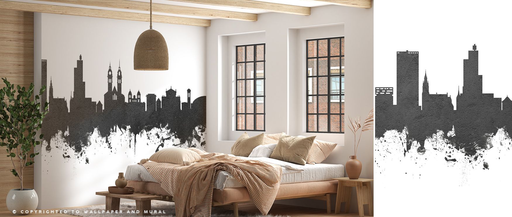 Wintherthur Switzerland Skyline Black & White Wallpaper conveys cultural artistry as skyline motifs emerge in contrasting tones, producing decorative imagery that enhances bedrooms or living rooms with atmosphere of sophistication, charm, and timeless ele