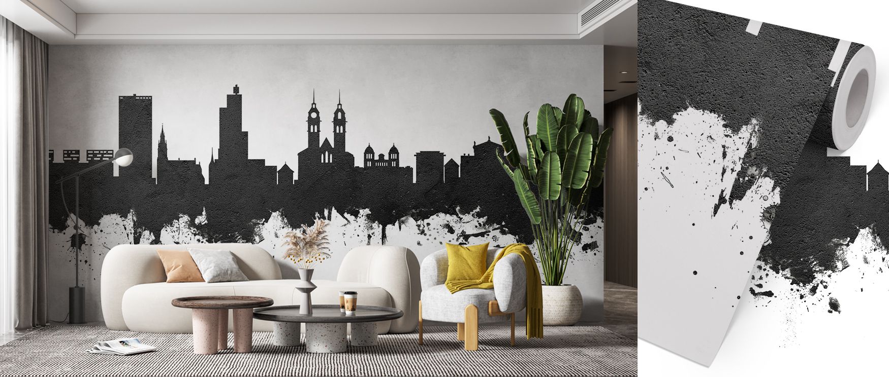 Wintherthur Switzerland Skyline Black & White Wallpaper captures city elegance with detailed forms rising in contrasting tones, enriching bedrooms or living rooms with atmosphere that reflects artistry, refinement, and cultural charm. 