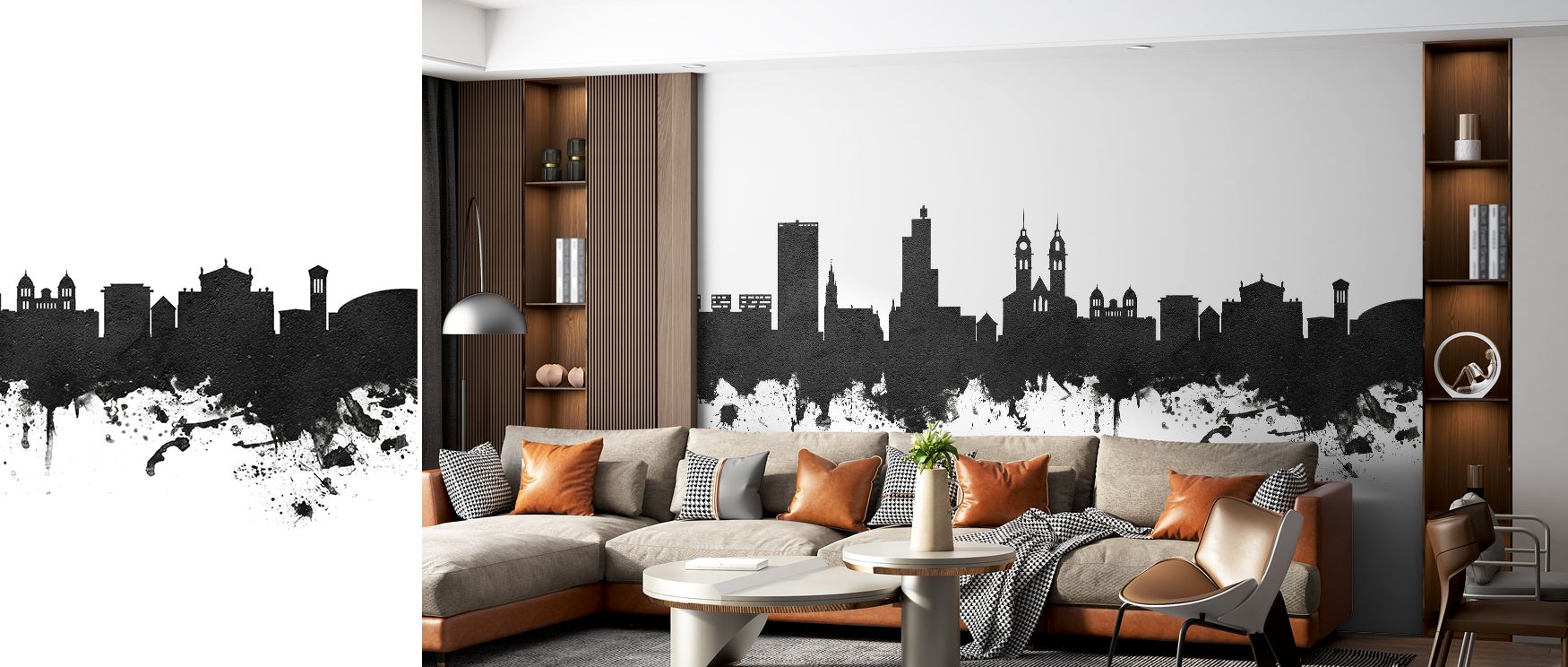 Wintherthur Switzerland Skyline Black & White Wallpaper shows city silhouettes with clarity, enriching bedrooms or living rooms with atmosphere of sophistication, cultural rhythm, and decorative artistry that feels timeless and elegant. 