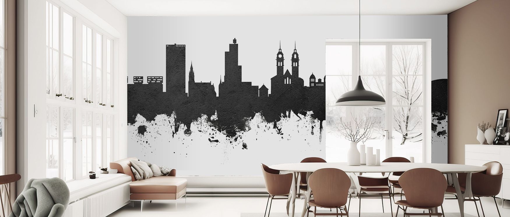 Wintherthur Switzerland Skyline Black & White Wallpaper reflects cultural heritage in skyline imagery, offering atmosphere that enriches bedrooms or living rooms with artistry and decorative balance filled with timeless character. 