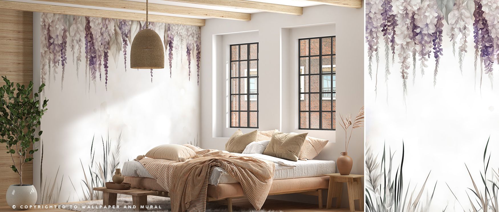 Wonderful Wisteria Soft Wallpaper conveys botanical charm as cascading blossoms form imagery that enriches bedrooms or living rooms with atmosphere of calm artistry. Its design reflects natural grace, refinement, and serenity, filling interiors with decor