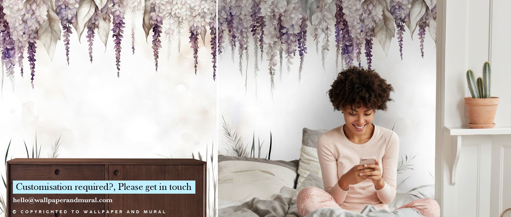 The imagery of Wonderful Wisteria Soft Wallpaper expresses serenity as blossoms cascade in rhythm, enriching bedrooms or offices with decorative charm, floral artistry, and natural balance that fills interiors with atmosphere of calmness and refinement. 