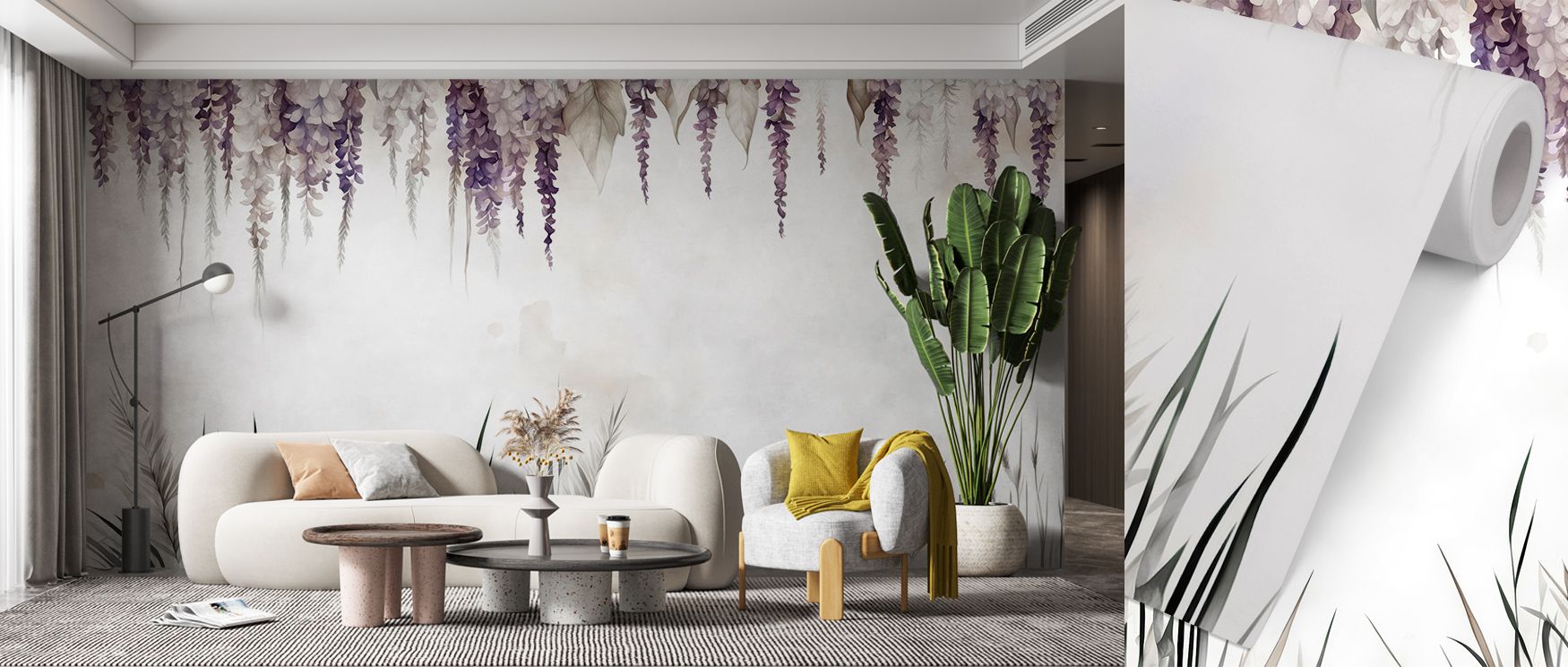 Blossoms fall softly in Wonderful Wisteria Soft Wallpaper, creating rhythm that enriches bedrooms or offices with atmosphere of calm presence, floral artistry, and decorative refinement, offering interiors balance that feels natural and serene. 