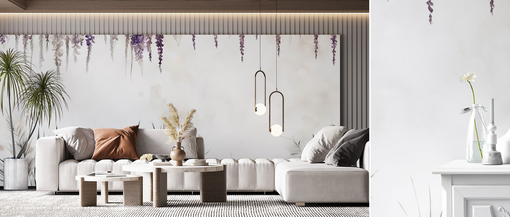 Wonderful Wisteria Soft Wallpaper paints imagery of blossoms cascading with grace, producing atmosphere that enriches bedrooms or living rooms with decorative balance, floral charm, and timeless artistry that reflects serenity and refinement. 