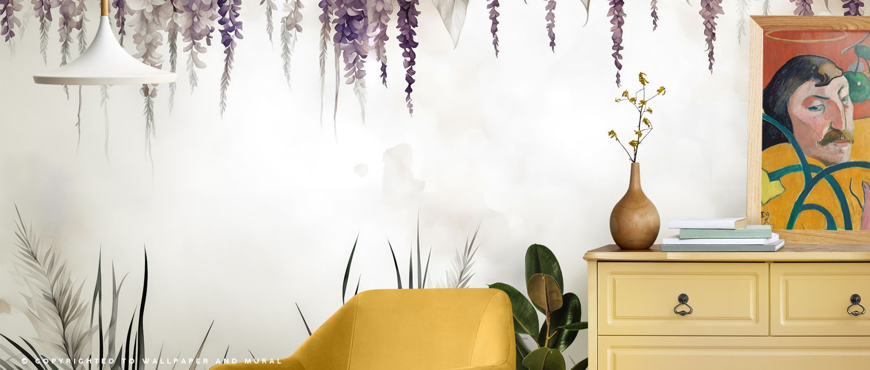 In Wonderful Wisteria Soft Wallpaper, blossoms cascade gracefully across pale tones, producing imagery that enriches bedrooms or offices with calm atmosphere, decorative artistry, and refinement that reflects timeless botanical charm. 