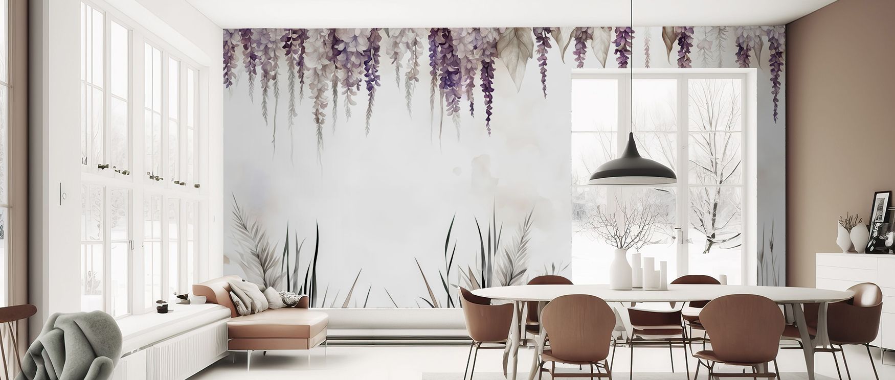 Wonderful Wisteria Soft Wallpaper reveals floral imagery flowing with softness, creating atmosphere that enriches bedrooms or living rooms with calm presence, artistic tone, and timeless elegance that reflects botanical artistry. 