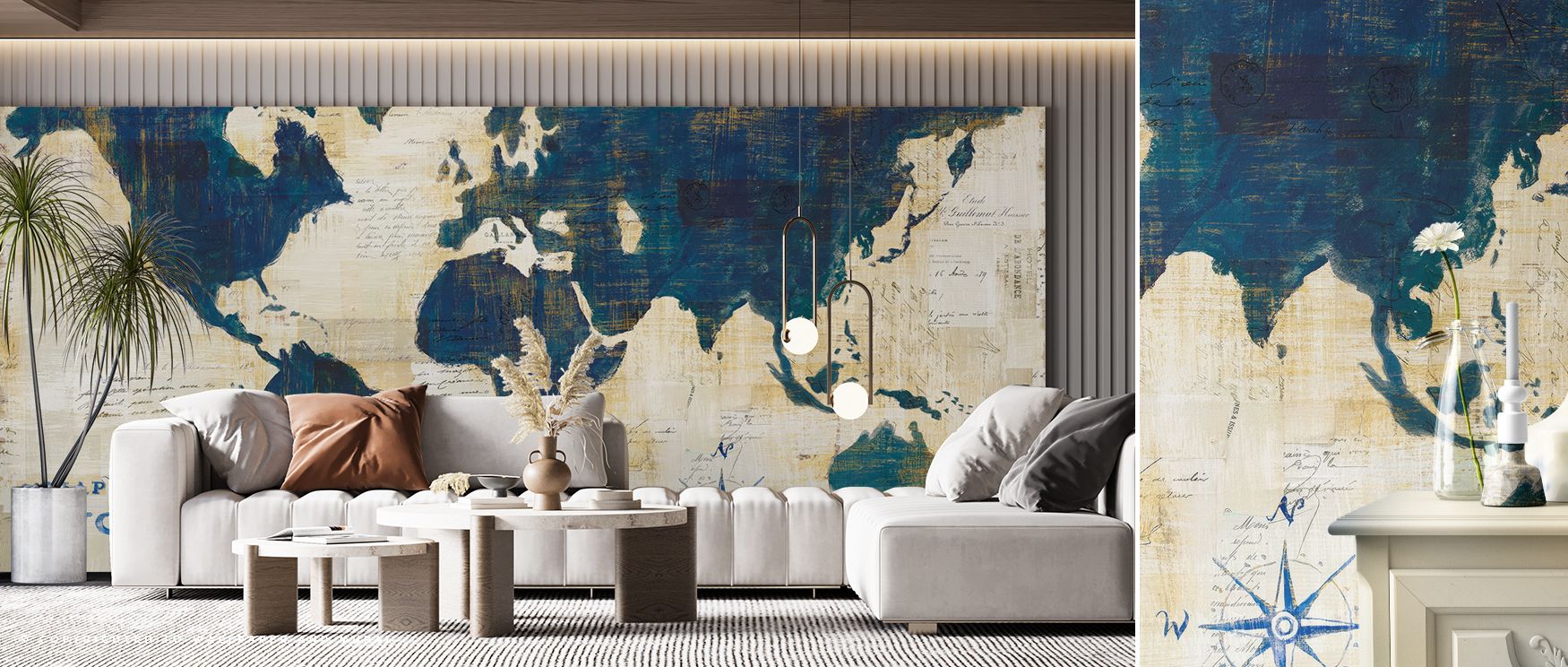 World Map Collage Wallpaper conveys imagery of exploration in rhythmic detail, enriching bedrooms or living rooms with atmosphere of decorative artistry, cultural charm, and timeless refinement, leaving interiors inspired by global tone. 