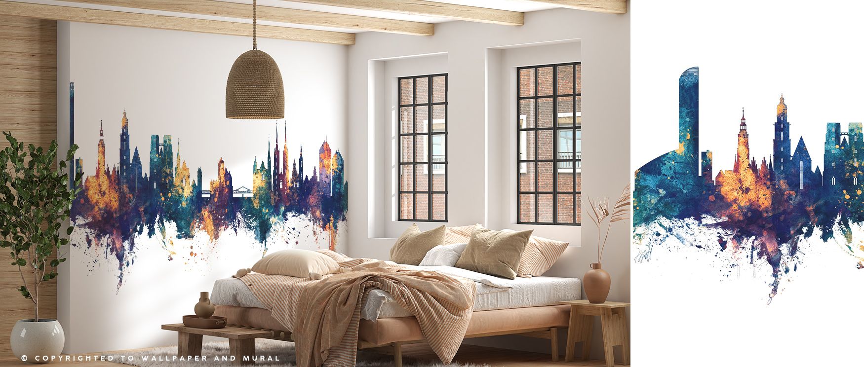 Wroclaw Poland Skyline Blue & Bronze Wallpaper conveys elegance as city silhouettes emerge across its dual palette, producing decorative imagery that enriches bedrooms or living rooms with atmosphere of sophistication, rhythm, and cultural artistry that r