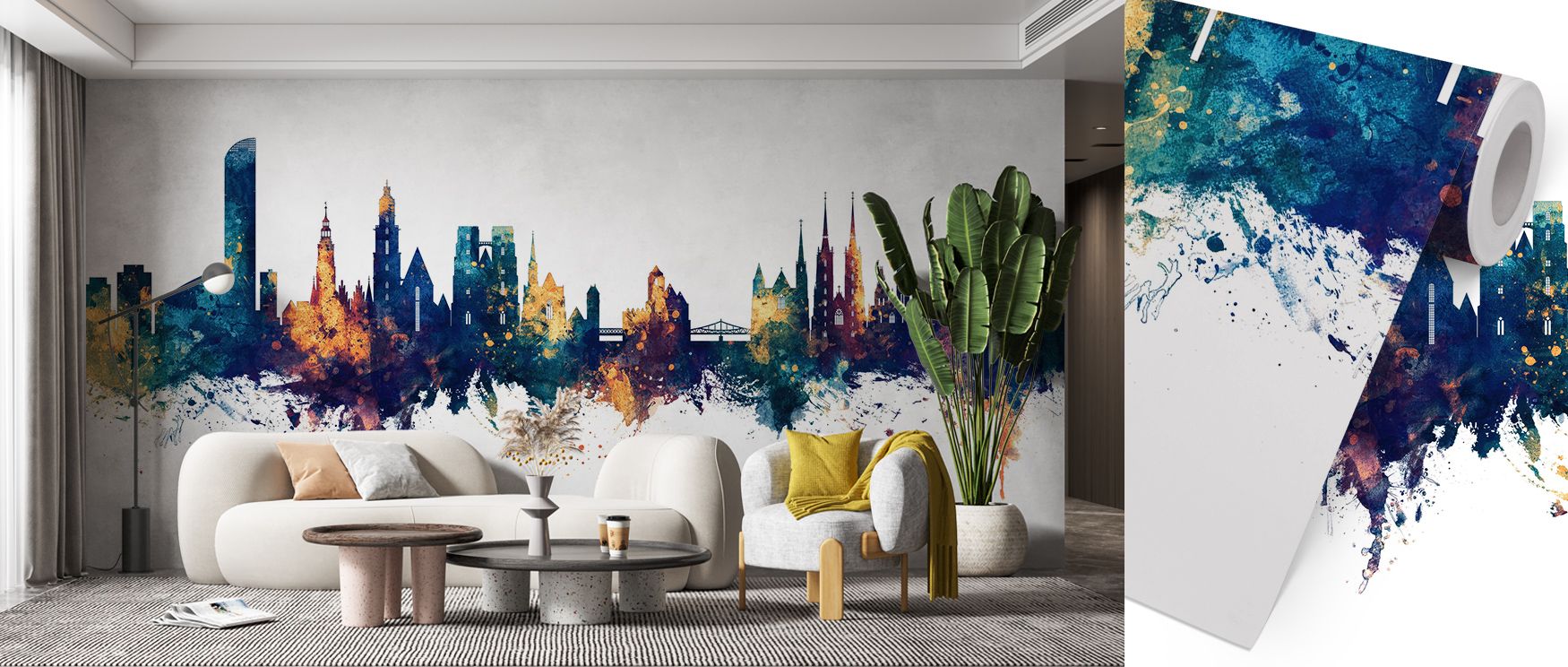 Wroclaw Poland Skyline Blue & Bronze Wallpaper expresses grandeur of the city with architectural silhouettes across bronze and blue tones, enriching bedrooms or living rooms with atmosphere of cultural artistry, decorative refinement, and urban charm that