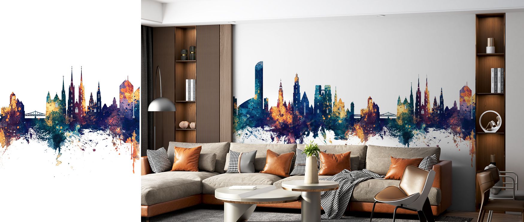 Wroclaw Poland Skyline Blue & Bronze Wallpaper shows the city’s beauty in contrasting tones, producing decorative rhythm that enriches bedrooms or living rooms with atmosphere of refined artistry, cultural charm, and urban sophistication that feels modern