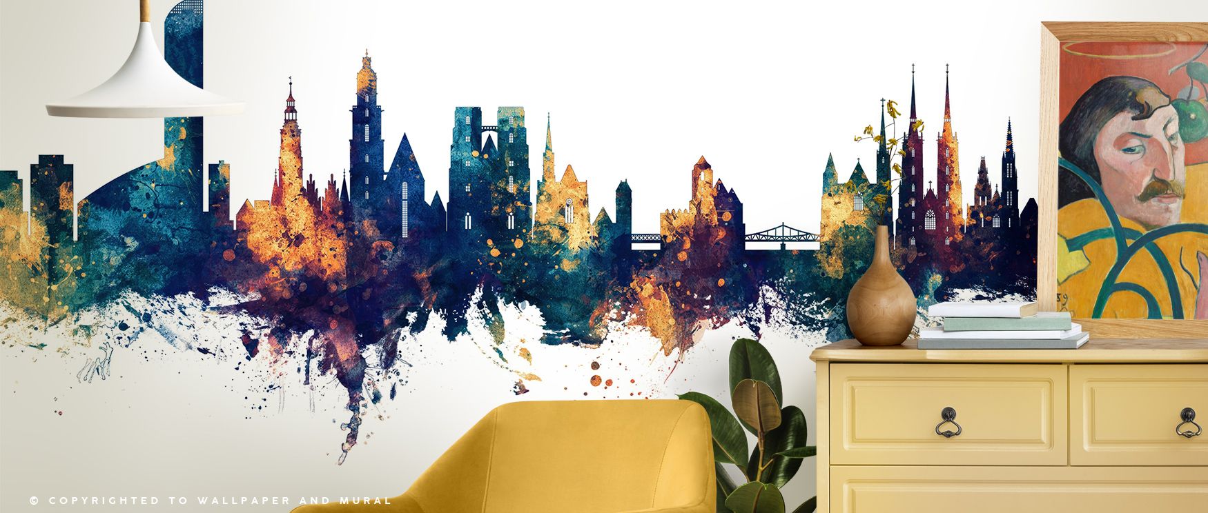 Wroclaw Poland Skyline Blue & Bronze Wallpaper reflects cultural presence as buildings stand against blue tones with bronze detail, enriching bedrooms or offices with atmosphere of decorative artistry, refinement, and urban rhythm that feels timeless and 