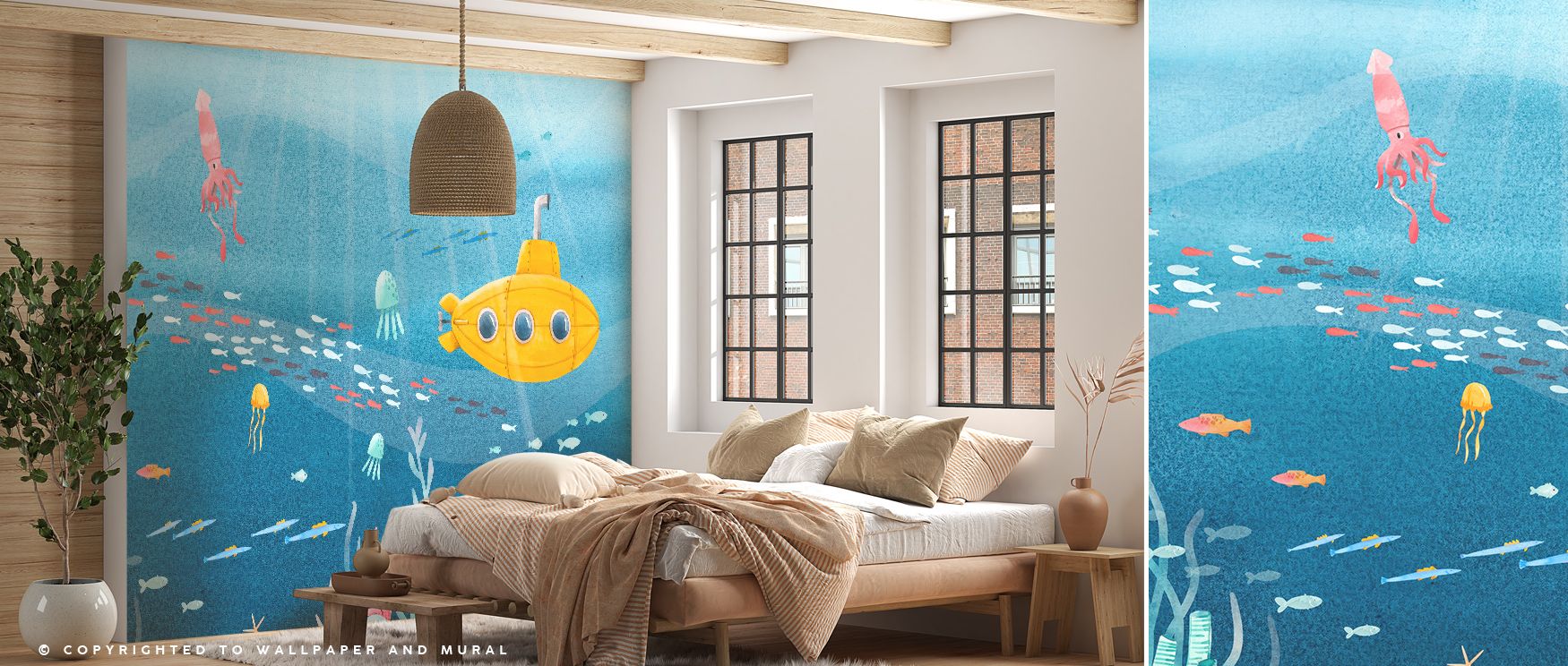 The imagery of Yellow Submarine Wallpaper carries playful rhythm across surfaces, producing atmosphere that enhances bedrooms or offices with decorative tone of creativity, imagination, and charm that feels vibrant, cheerful, and whimsical. 