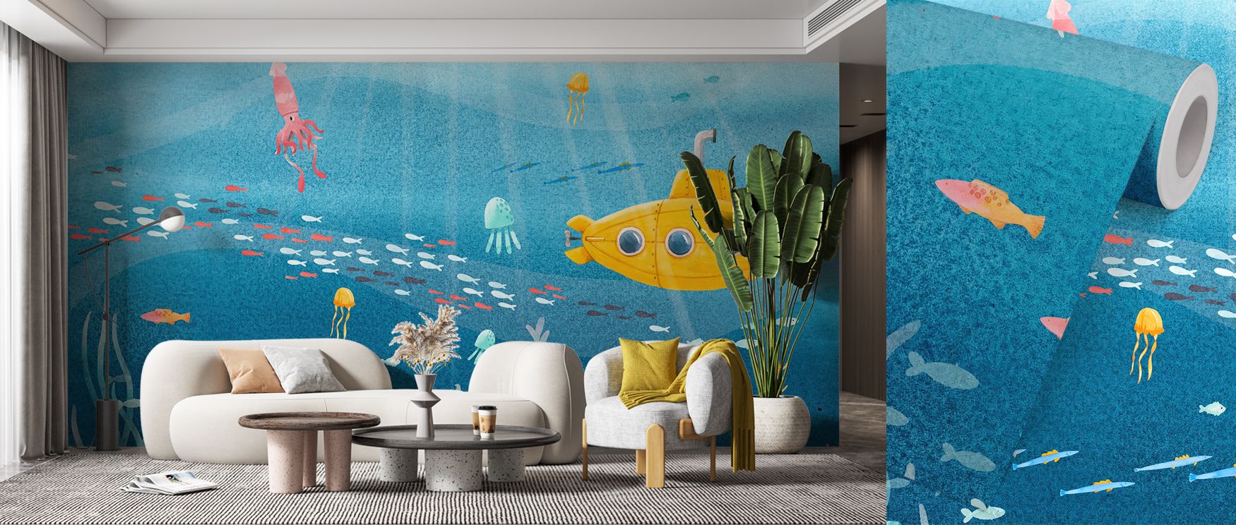 Yellow Submarine Wallpaper expresses joyful presence through whimsical imagery, submarines creating rhythm that enriches bedrooms or living rooms with atmosphere of playful charm, decorative artistry, and lively balance that feels modern and stylish. 
