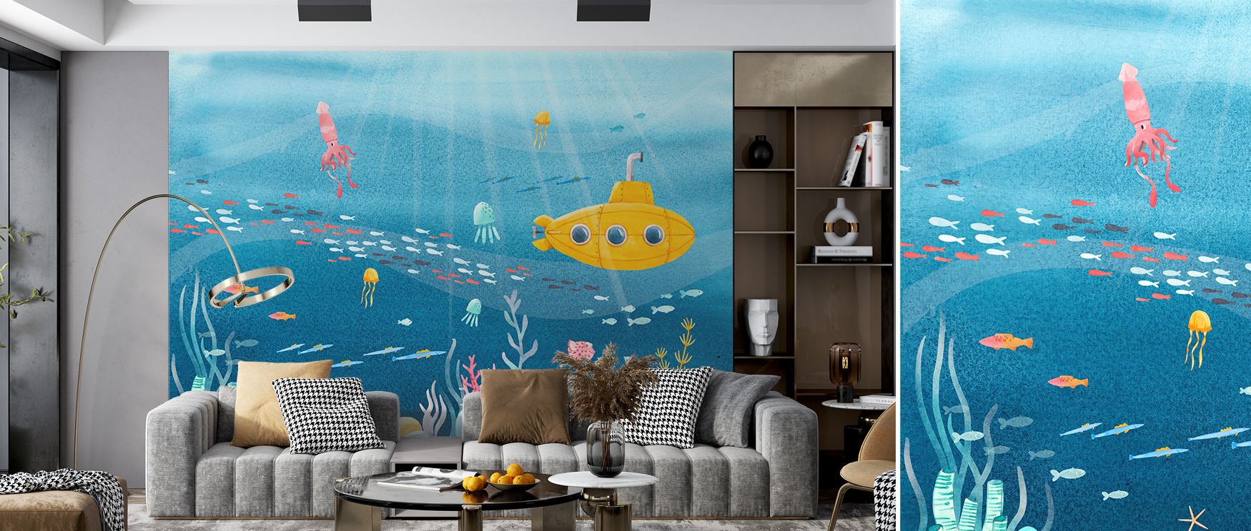 Yellow Submarine Wallpaper reveals imaginative artistry as bright submarines create rhythm, enriching bedrooms or living rooms with atmosphere of decorative cheerfulness, whimsical creativity, and lively tone that feels timeless and refined.