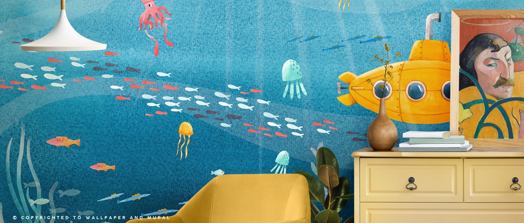 Yellow Submarine Wallpaper conveys whimsical rhythm with submarines painted in bright tones, enriching bedrooms or living rooms with atmosphere of decorative charm, playful artistry, and cheerful creative presence. 
