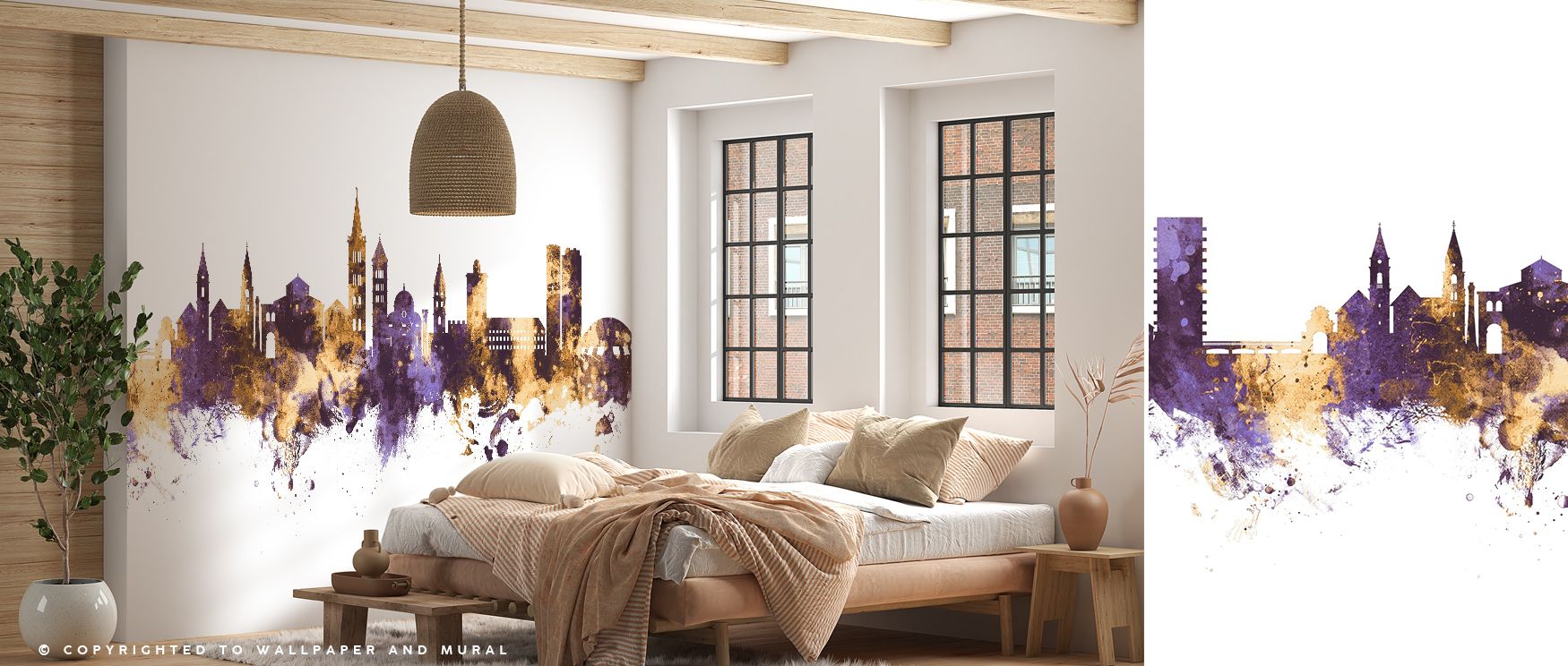 Zadar Croatia Skyline Purple & Gold Wallpaper conveys cultural charm as silhouettes stand in balance, purple tones contrasting with gold, enriching bedrooms or living rooms with atmosphere of decorative refinement, artistry, and luxury that feels timeless