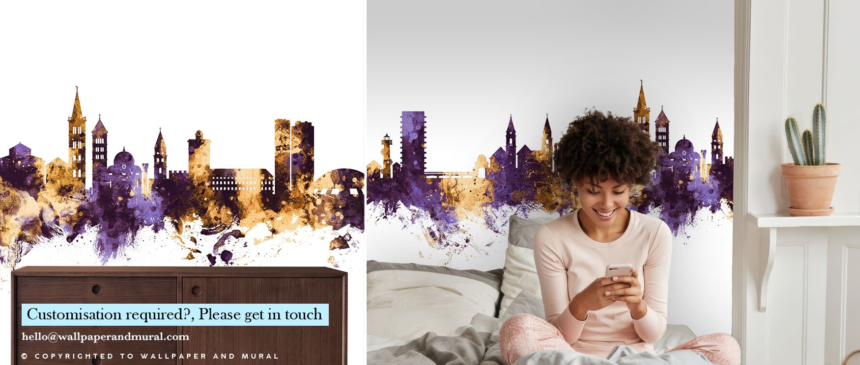 The imagery of Zadar Croatia Skyline Purple & Gold Wallpaper reflects cultural artistry, city silhouettes painted in gold and purple tones, enriching bedrooms or offices with atmosphere of elegance, decorative refinement, and timeless balance. 