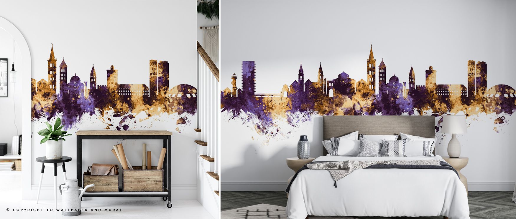 Zadar Croatia Skyline Purple & Gold Wallpaper enriches interiors with grandeur, its city silhouettes painted in luxurious tones that produce atmosphere of refinement, cultural artistry, and decorative rhythm that enhances bedrooms or living rooms. 
