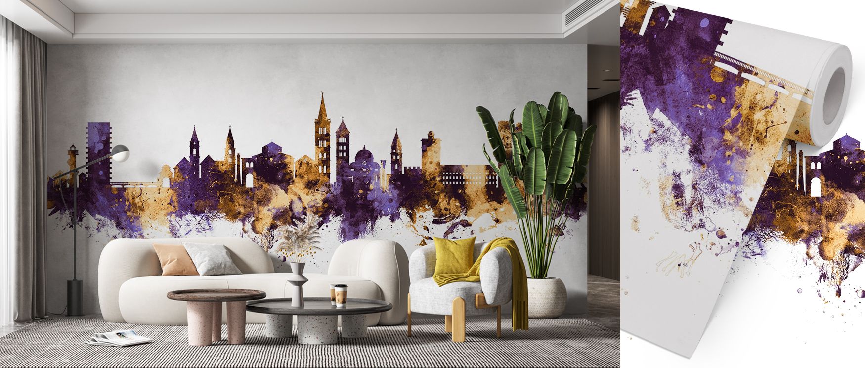In Zadar Croatia Skyline Purple & Gold Wallpaper, golden details highlight purple silhouettes, producing imagery that enriches bedrooms or offices with atmosphere of cultural artistry, decorative refinement, and timeless charm of luxury. 